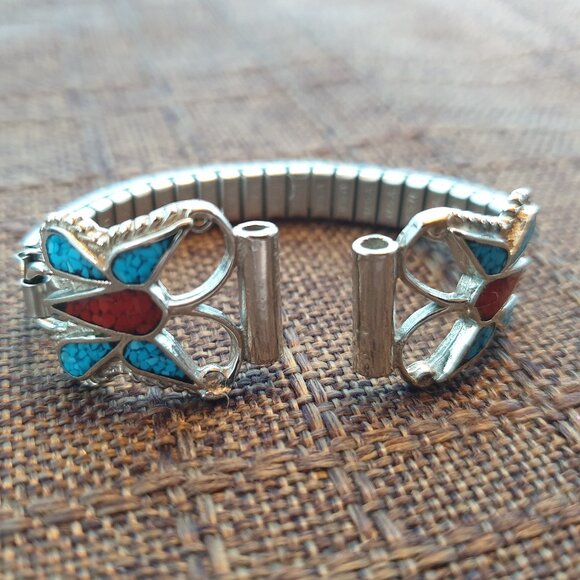 Vintage Native American Inlaid Turquoise & Red Coral Butterfly Silver Watch Band - Picture 1 of 11